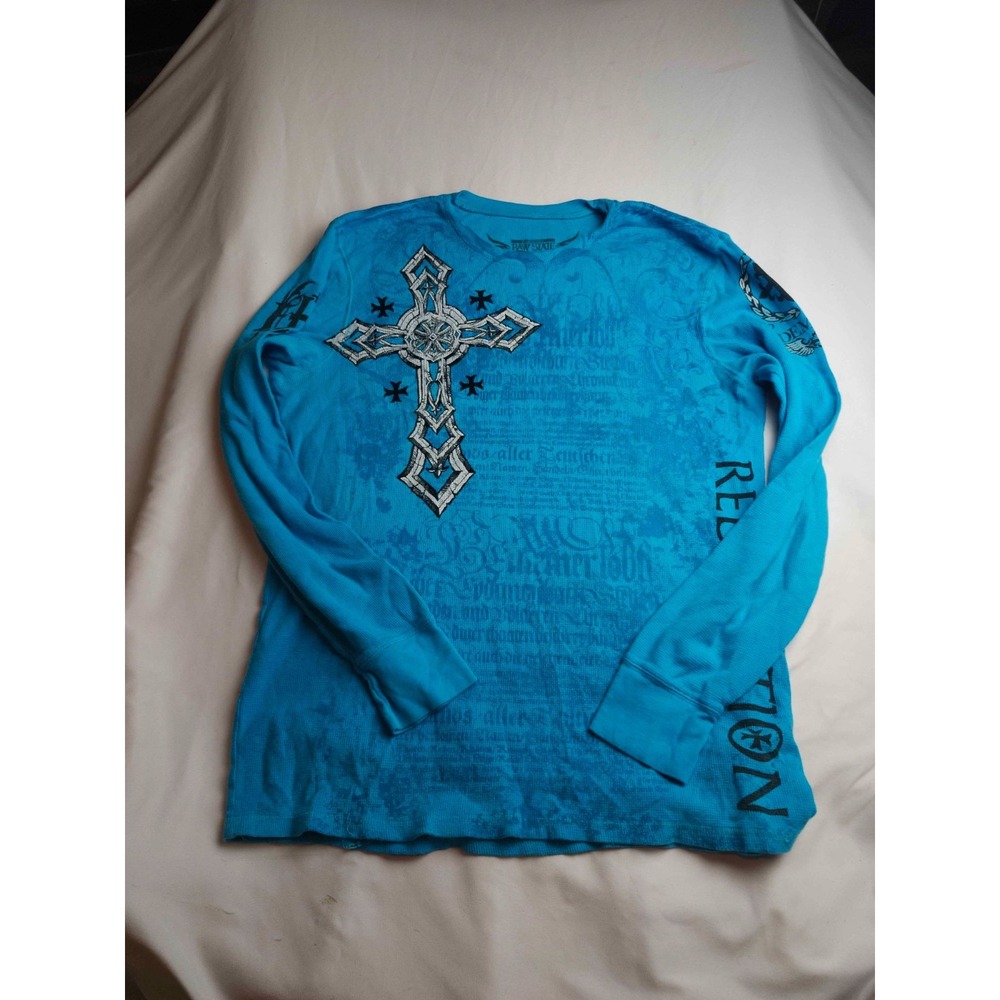 Raw State Graphic Thermal Shirt Mens Size XL Blue Knit Y2K Cross Redemption
